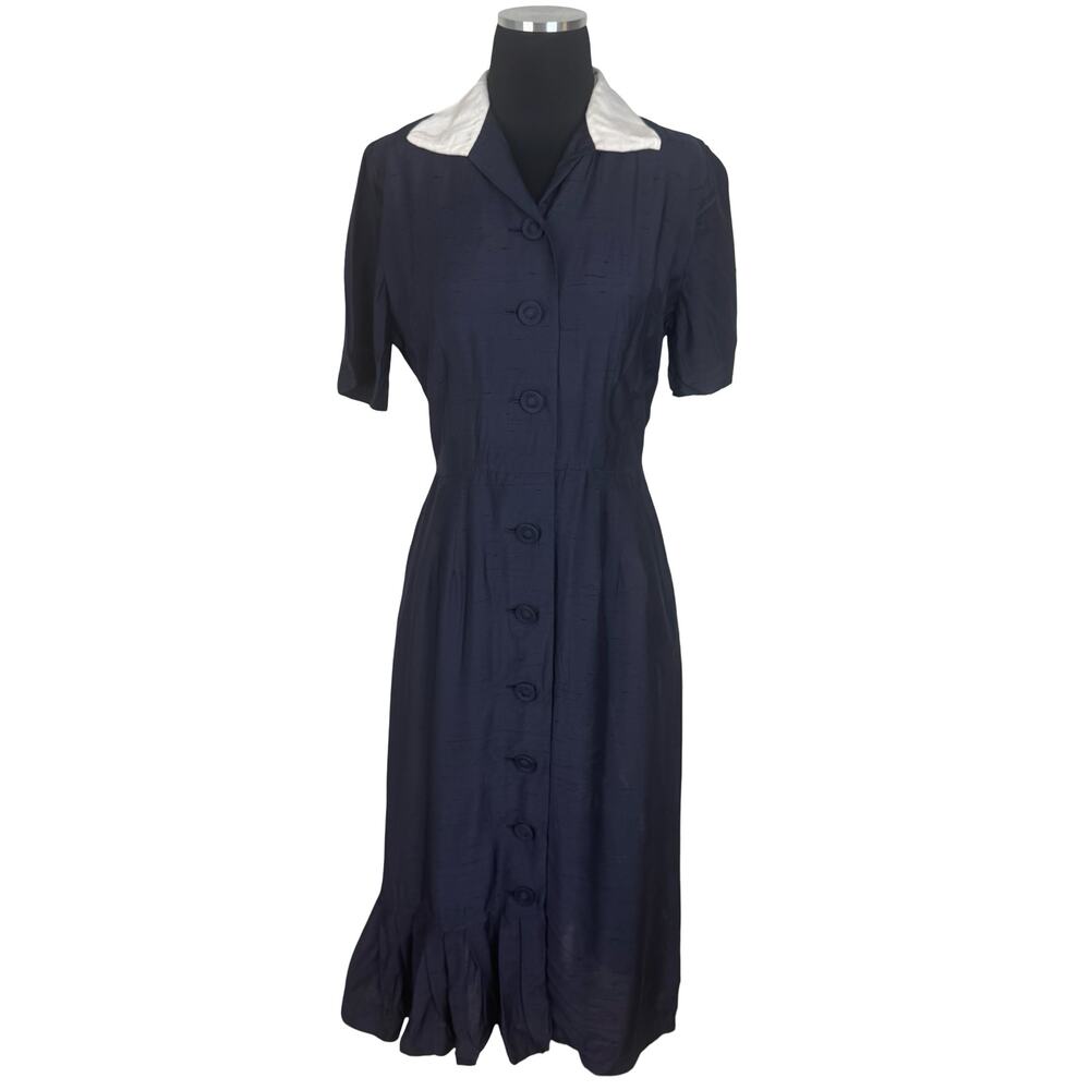 Vintage 1940s Navy Slub Rayon Day Dress Asymmetrical Ruffle Collar Pockets S/M